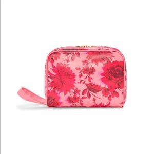 Pink floral print leatherette toiletries clutch